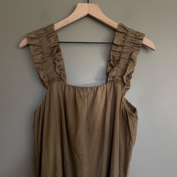 Frame Ruffle Strap Button Back Dress in Moss Size Small Khaki Green Ramie Chic - Picture 5 of 16